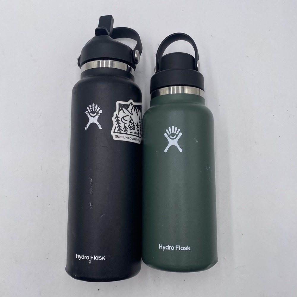 Lot Of 2 Hydro Flask Water Bottles 32oz Green 40oz Black‎ Shows Wear See Pics